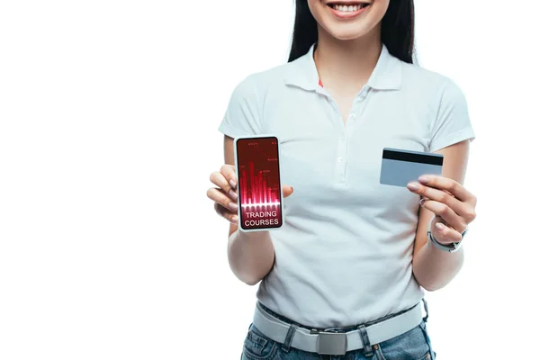 Cropped View Smiling Brunette Asian Girl Holding Credit Card Smartphone — Stock Photo, Image