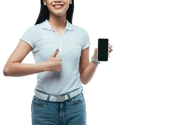 Recortado Vista Sonriente Morena Asiática Mujer Sosteniendo Smartphone Con Pantalla —  Fotos de Stock