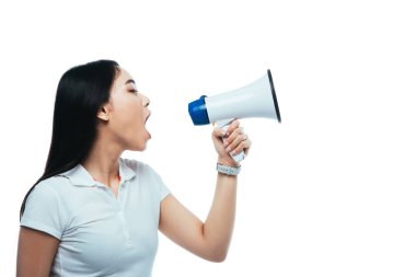 angry asian girl screaming in megaphone isolated on white clipart