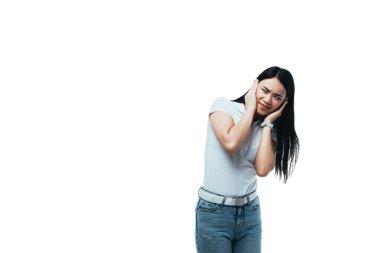 confused attractive asian girl covering ears with hands isolated on white clipart