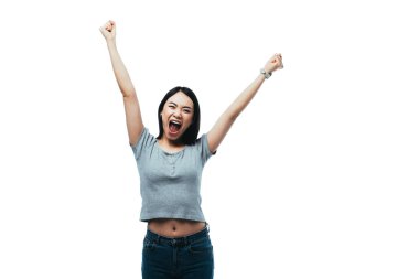 happy asian girl showing yeah gesture with open mouth isolated on white clipart