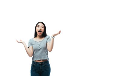 excited asian girl gesturing with open mouth isolated on white clipart