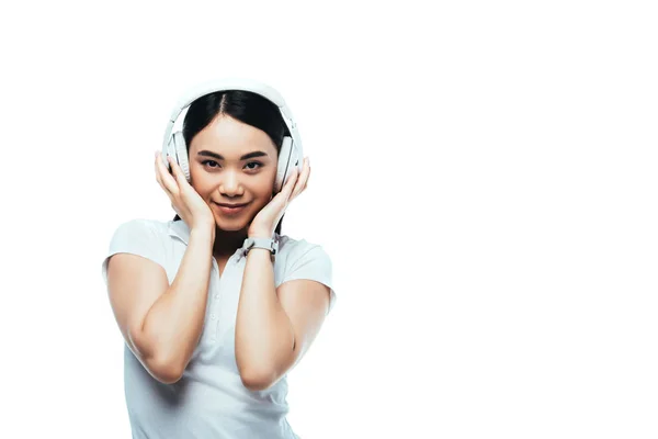 Smiling Attractive Asian Girl Headphones Isolated White — Stock Photo, Image
