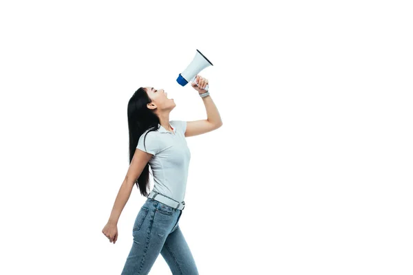 Angry Asian Girl Screaming Megaphone Isolated White — Stock Photo, Image