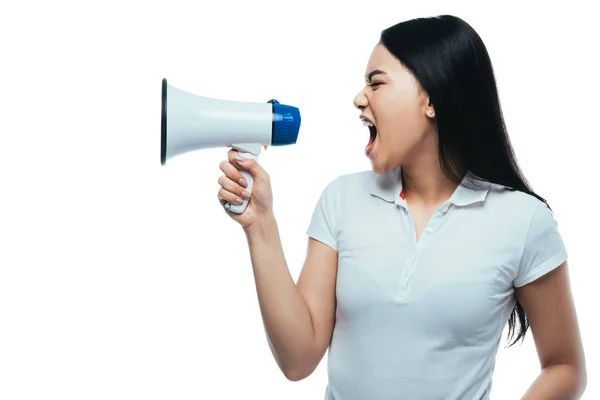 Irritado Asiático Menina Gritando Megafone Isolado Branco — Fotografia de Stock