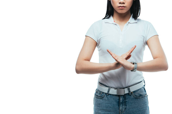 cropped view of asian girl showing no gesture isolated on white