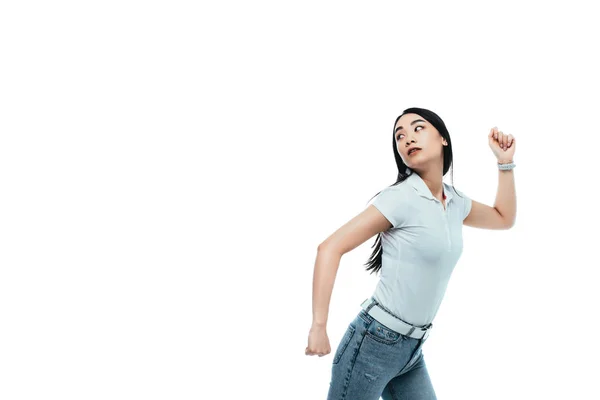 Attractive Asian Girl Running Away Isolated White — Stock Photo, Image