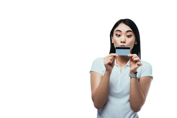 Asian Girl Kissing Credit Card Isolated White — Stock Photo, Image