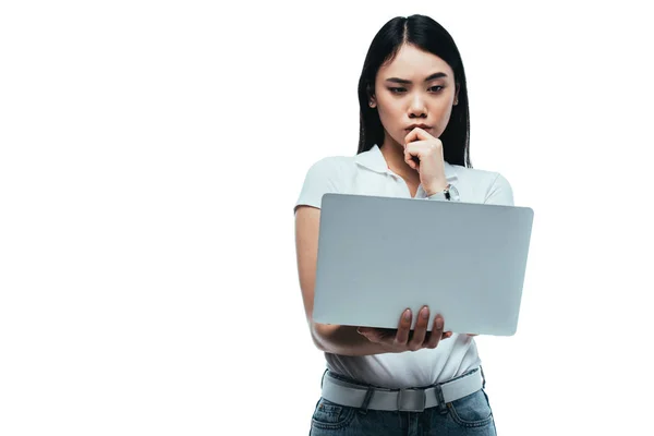 Pensive Asian Girl Using Laptop Isolated White — Stock Photo, Image