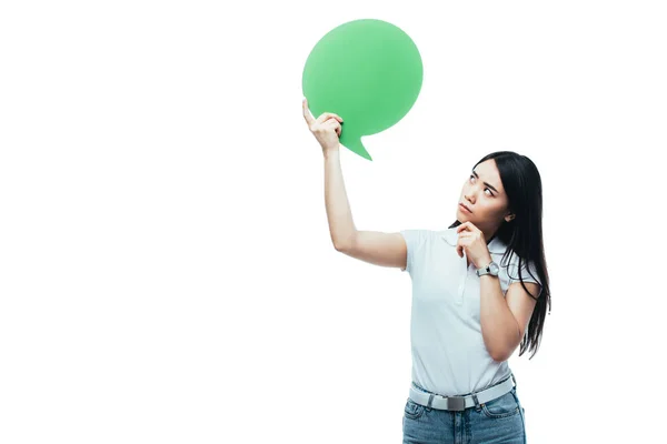 Reflexivo Asiático Chica Mirando Verde Blanco Discurso Burbuja Aislado Blanco — Foto de Stock