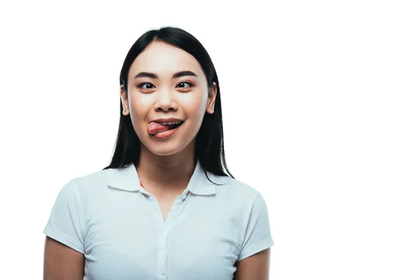 Attraktiv Asiatisk Flicka Visar Rolig Grimace Isolerad Vit — Stockfoto