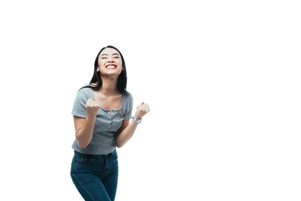 Happy Asian Girl Showing Yeah Gesture Isolated White — Stock Photo, Image