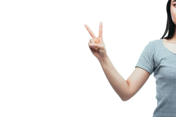 Обрізаний Вид Азіатську Дівчину Показує Знак Миру Ізольовано Білому — стокове фото