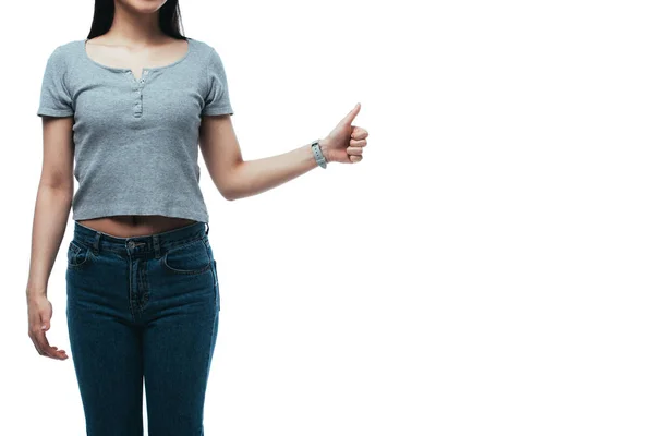 Recortado Vista Chica Mostrando Pulgar Hacia Arriba Aislado Blanco —  Fotos de Stock