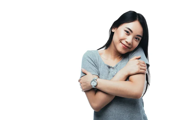 Sonriente Atractivo Asiático Chica Abrazándose Aislado Blanco —  Fotos de Stock