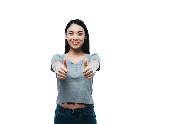 Szczęśliwy Atrakcyjny Azji Dziewczyna Pokazując Kciuki Górę Biały — Zdjęcie stockowe