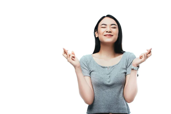 Asian Girl Closed Eyes Crossed Fingers Isolated White — Stock Photo, Image