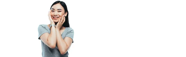 Happy Asian Girl Touching Face Isolated White Panoramic Shot — Stock Photo, Image