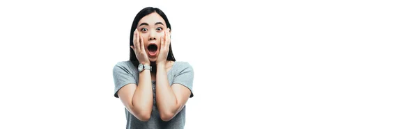 Shocked Asian Girl Open Mouth Touching Face Isolated White Panoramic — Stock Photo, Image