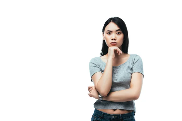 Descontente Asiático Menina Olhando Para Câmera Isolado Branco — Fotografia de Stock