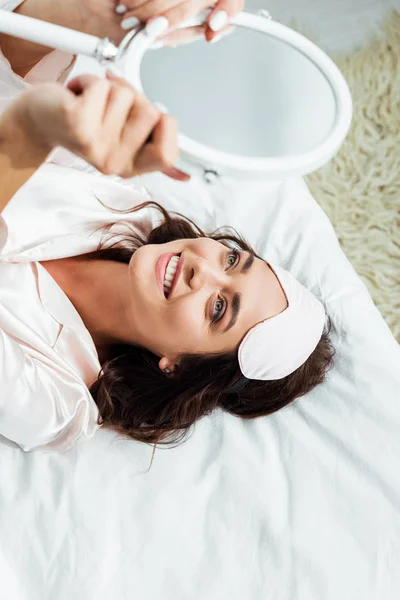 High Angle View Attractive Woman Sleeping Mask Looking Mirror Morning — Stock Photo, Image