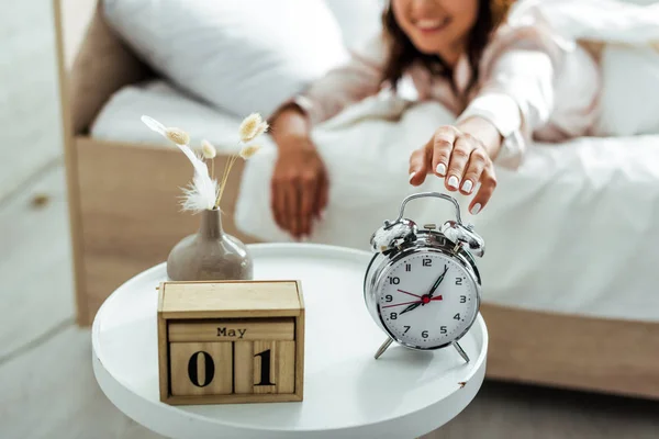 Selective Focus Smiling Woman Taking Alarm Clock Morning — Stock Photo, Image