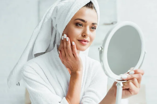 Attractive Woman Bathrobe Towel Looking Mirror Morning — Stock Photo, Image