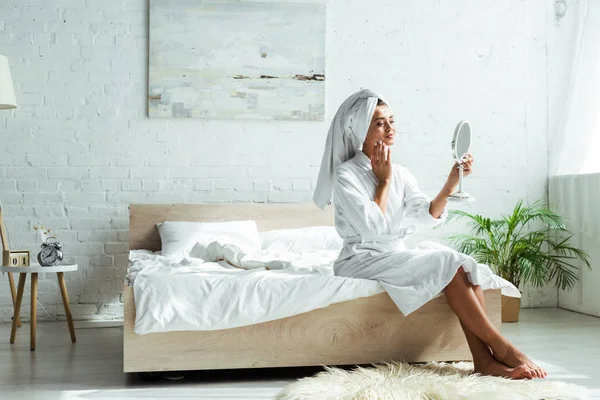 Attractive Woman Bathrobe Towel Looking Mirror Morning — Stock Photo, Image