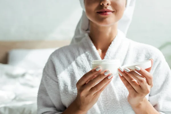 Cropped View Woman Bathrobe Holding Cosmetic Cream Morning — Stock Photo, Image