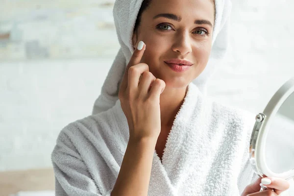 Attractive Woman Bathrobe Towel Holding Mirror Morning — Stock Photo, Image