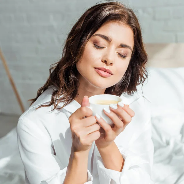 Attractive Woman White Shirt Closed Eyes Holding Cup Morning — Stock Photo, Image