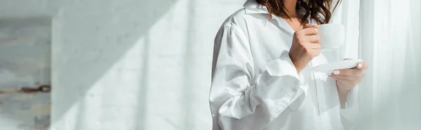 Panoramic Shot Woman White Shirt Holding Cup Morning — Stock Photo, Image