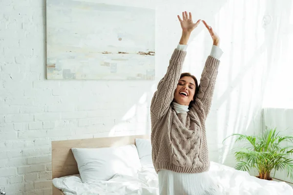 Attractive Smiling Woman Sweater Outstretched Hands Morning — Stock Photo, Image