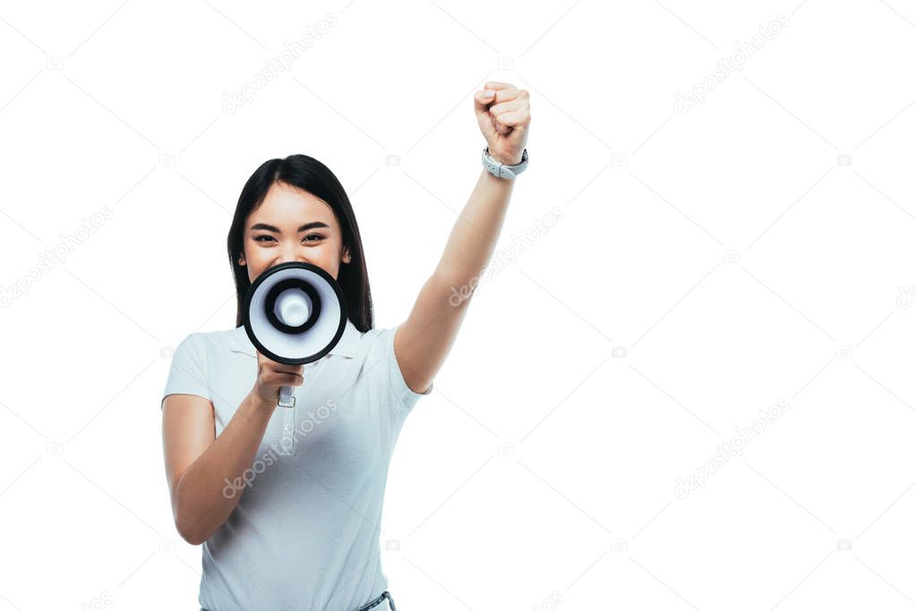 asian girl screaming in megaphone isolated on white