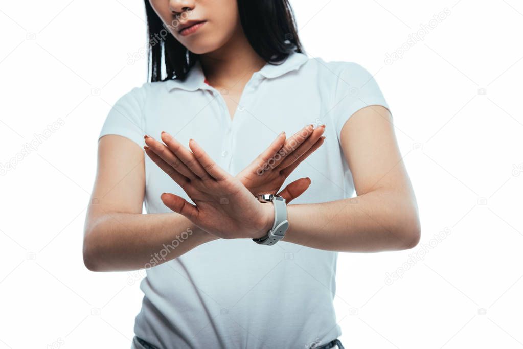 partial view of asian girl showing no gesture isolated on white