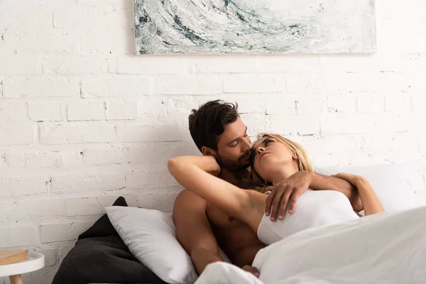 Beautiful Tender Couple Hugging Bed Morning — Stock Photo, Image