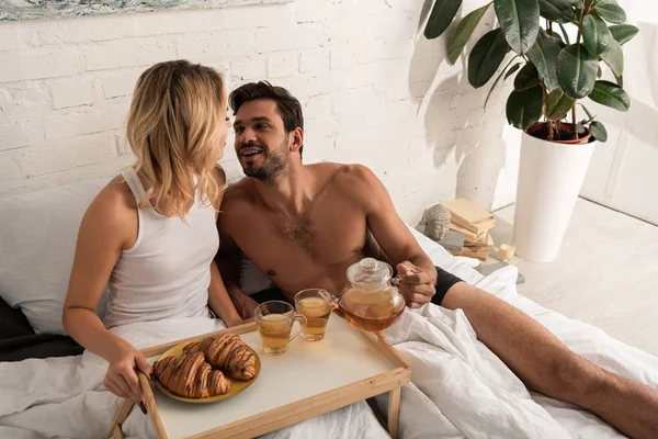 Beautiful Happy Couple Tea Croissants Tray Bed Morning — Stock Photo, Image