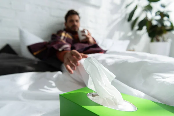 Diseased Man Cup Hot Drink Lying Bed Napkins — Stock Photo, Image