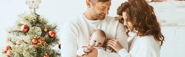 Panoramic Shot Happy Mother Standing Husband Holding Cute Baby Christmas — Stock Photo, Image
