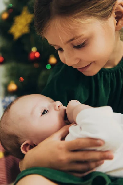 Selective Focus Adorable Child Holding Cute Little Sister — Stock Photo, Image