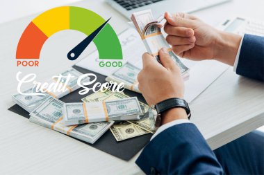 cropped view of businessman counting money in office with credit score illustration clipart