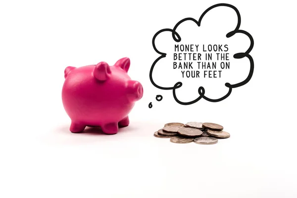 Pink Piggy Bank Coins Thought Bubble Money Looks Better Bank — Stock Photo, Image