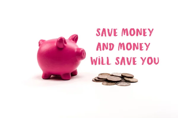 Pink Piggy Bank Coins Money Money You Lettering White Background — Stock Photo, Image