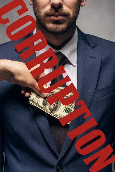 Visão Cortada Homem Colocando Dinheiro Bolso Empresário Com Ilustração Corrupção — Fotografia de Stock