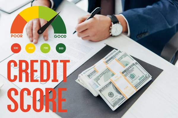 Cropped View Businessman Signing Contract Money Office Credit Score Illustration — Stock Photo, Image
