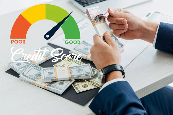 Cropped View Businessman Counting Money Office Credit Score Illustration — Stock Photo, Image