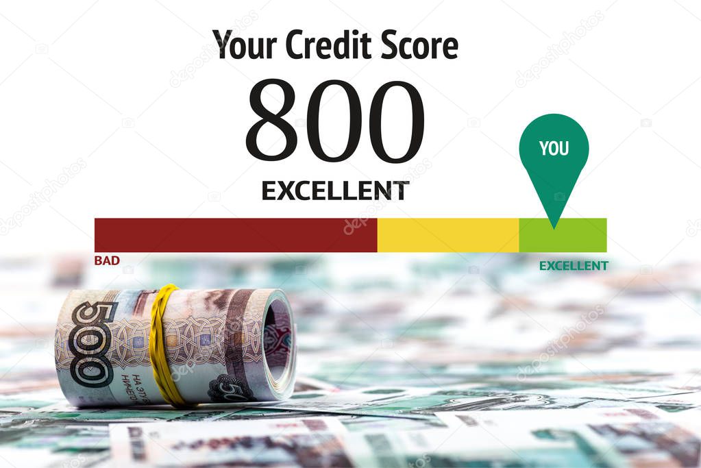 selective focus of cash roll of russian rubles isolated on white with credit score illustration