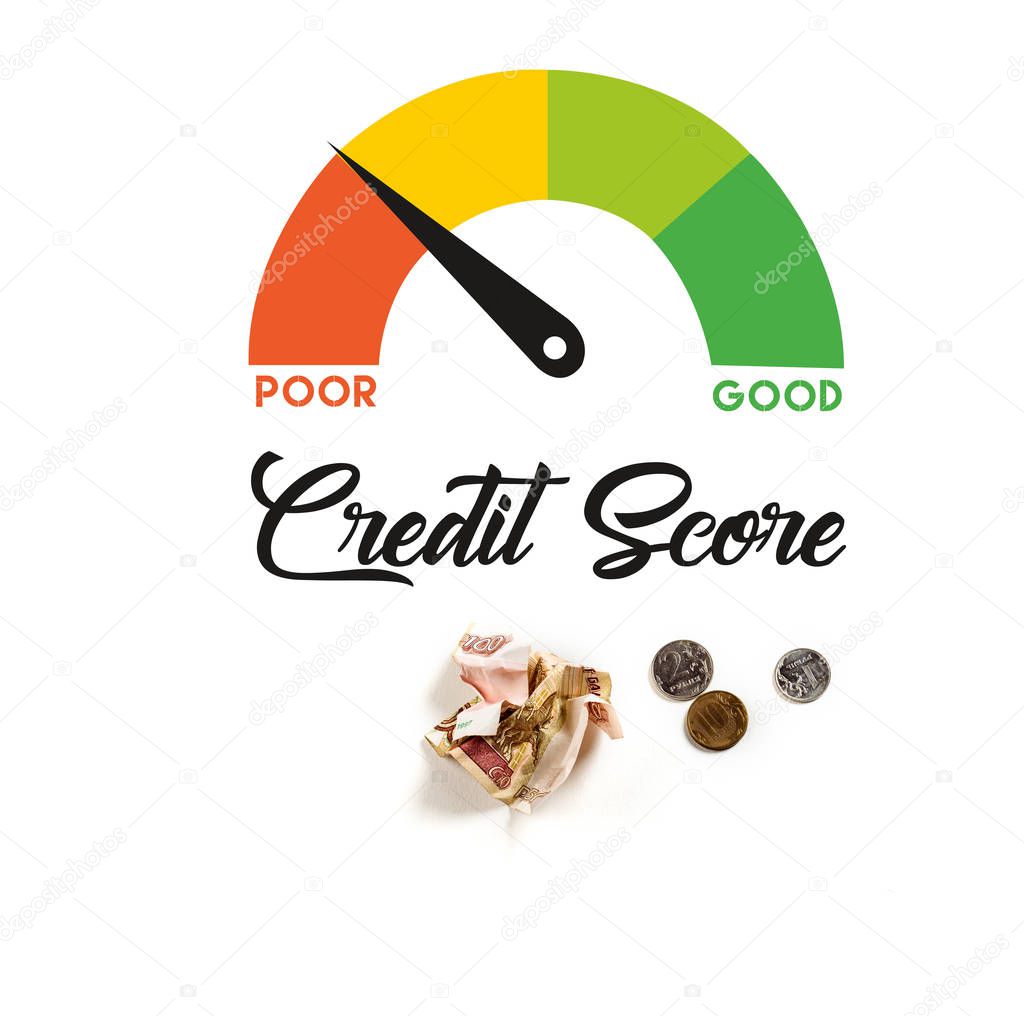 top view of crumpled banknote near silver coins and credit score illustration on white background