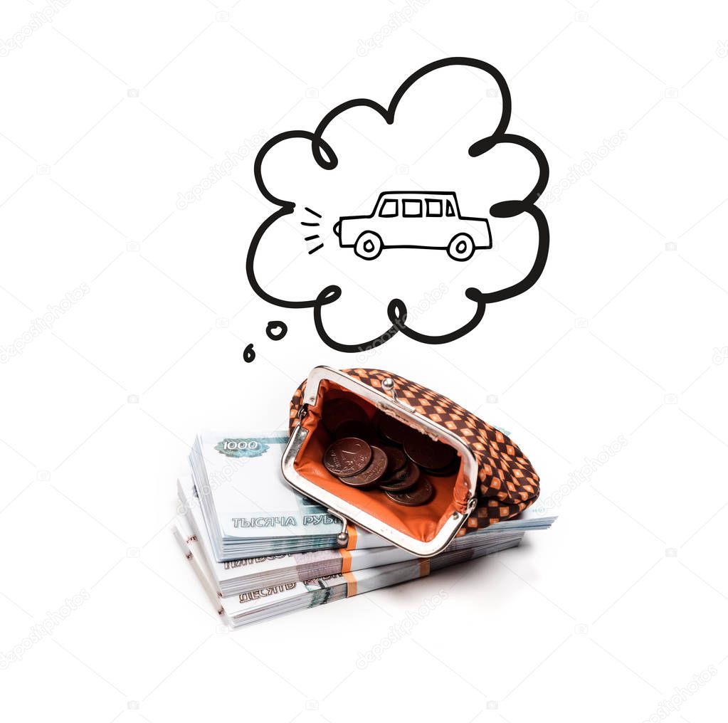 vintage plaid wallet with coins on russian money on white background with car in thought bubble illustration