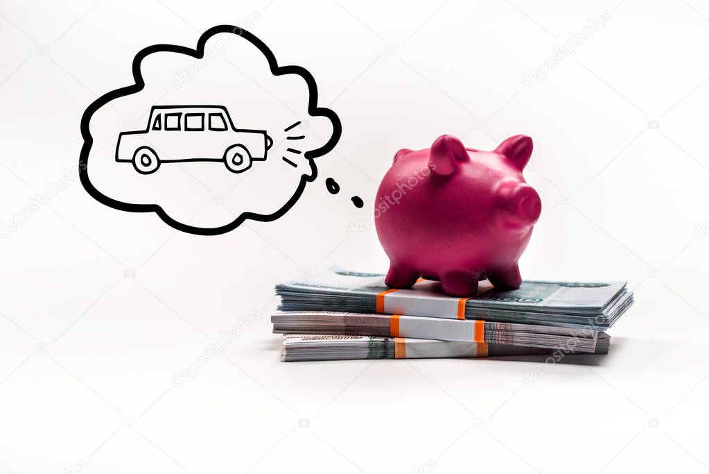 pink piggy bank on stack of russian rubles on white background with car in thought bubble illustration